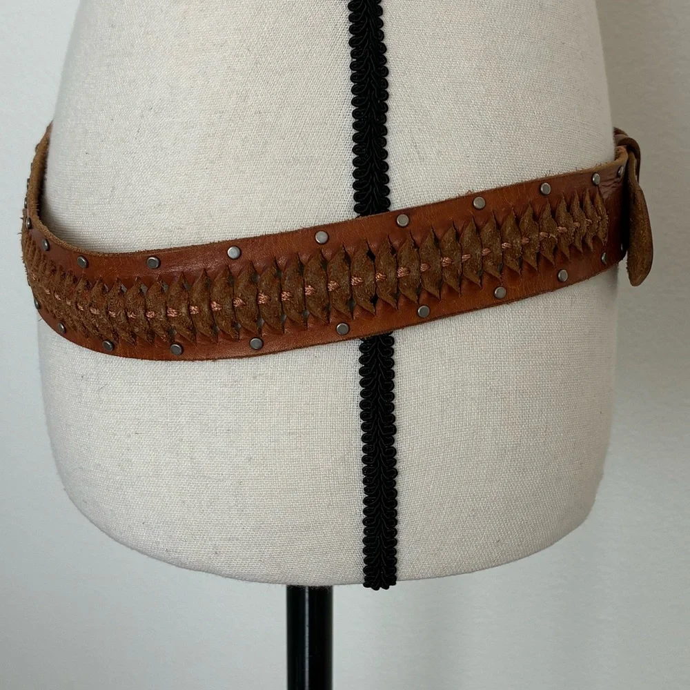 Buckle Braided Leather Studded Brown Belt